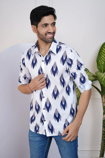 Blue and White Ikkat Printed Shirt For Men