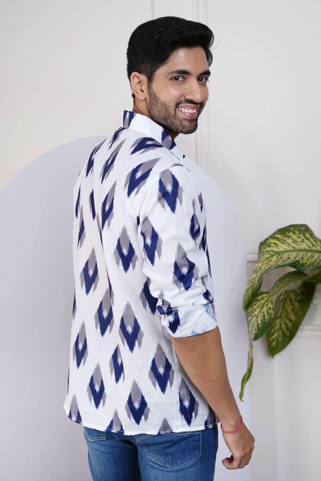 Blue and White Ikkat Printed Shirt For Men