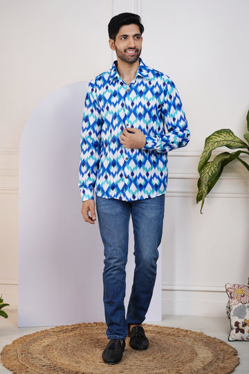 Navy Blue Ikkat Printed Shirt For Men