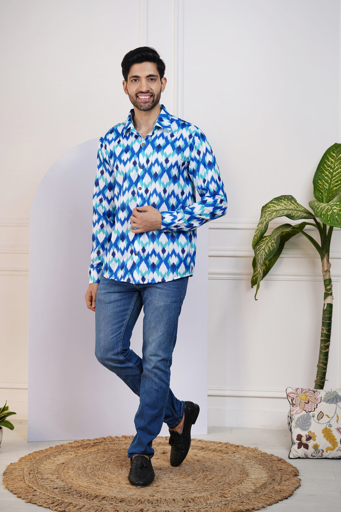 Navy Blue Ikkat Printed Shirt For Men