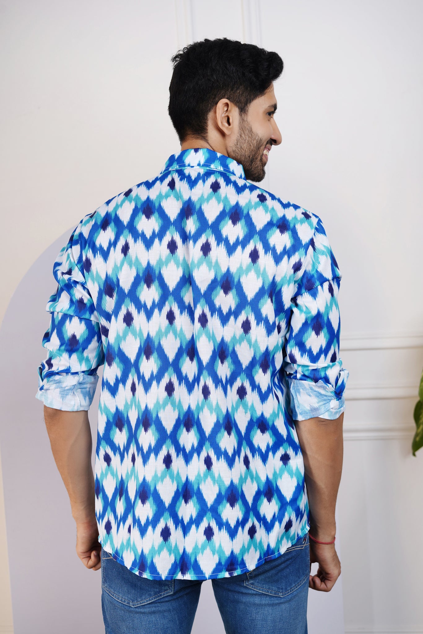 Navy Blue Pacific Ikat Mens Collarless Shirt