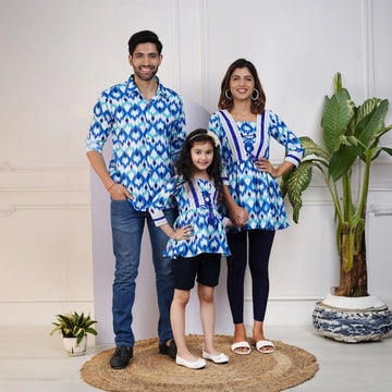 Stylish Navy Blue Ikkat Printed Top with Matching Shirt Family Set