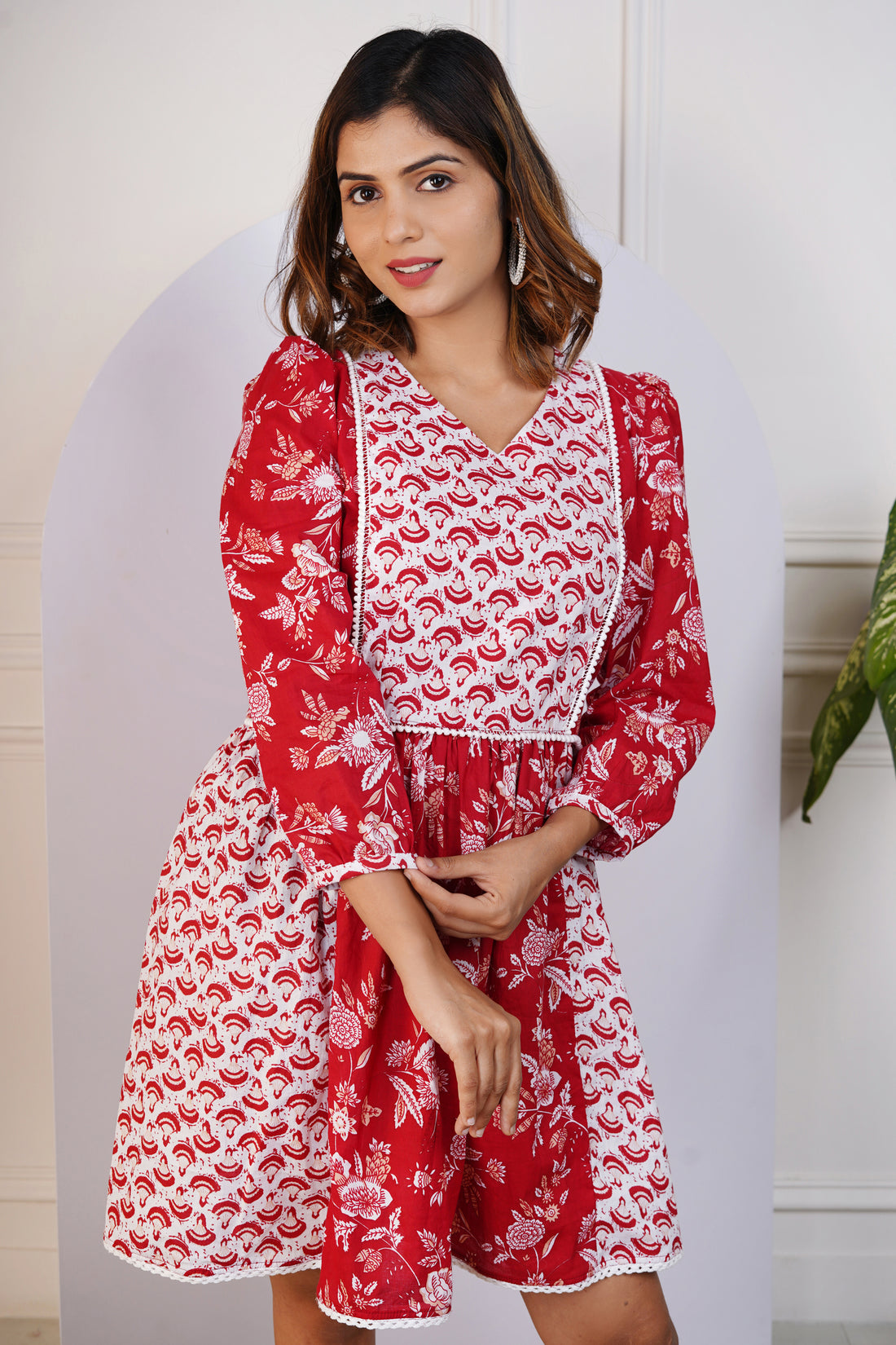 Red and White Printed Dress for Mom