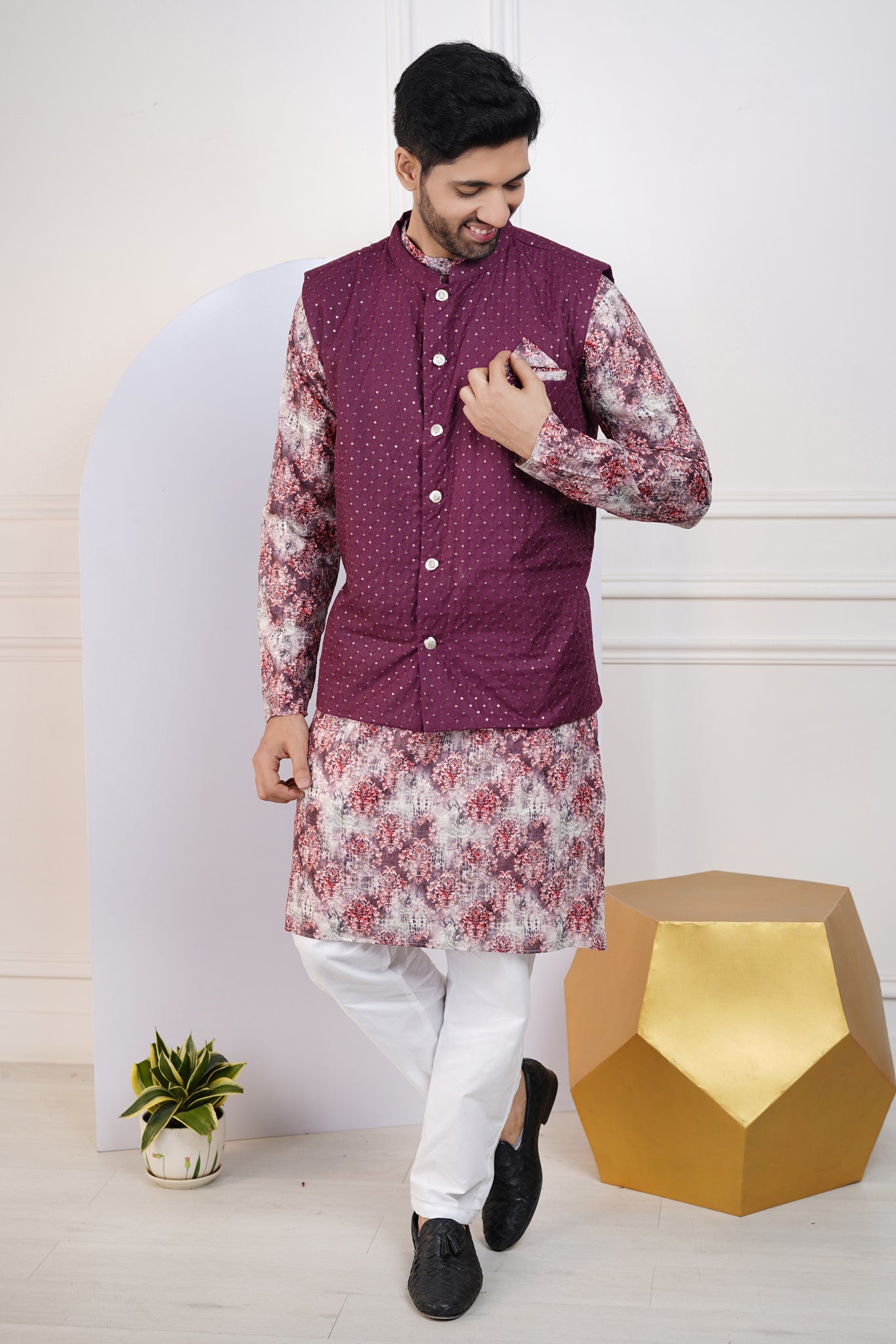 White kurta pajama with 2025 floral jacket