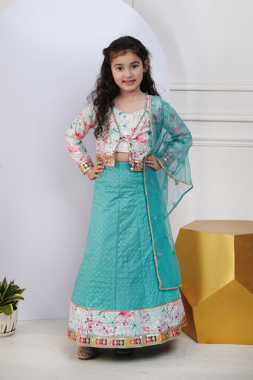 Stunning Teal & Floral Printed Lehenga Choli Dupatta with Koti