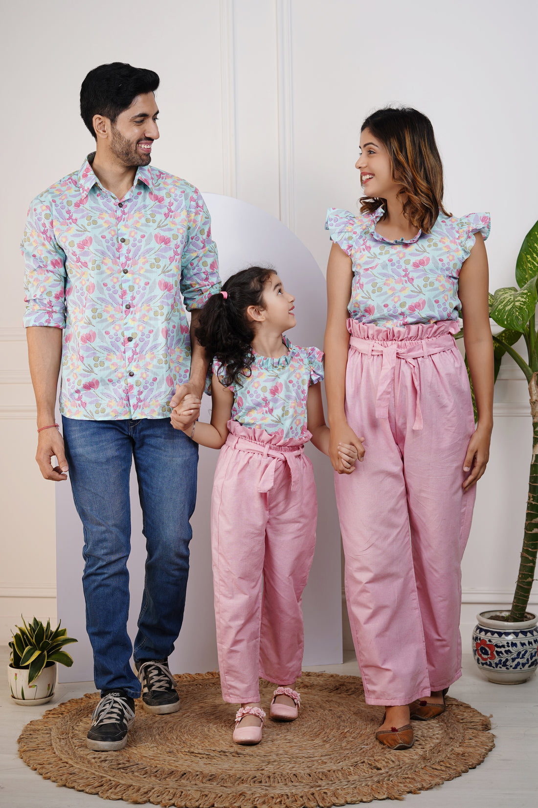 Sky Blue Floral Printed Top with Pretty Pink Pants And Matching Shirt Family Set