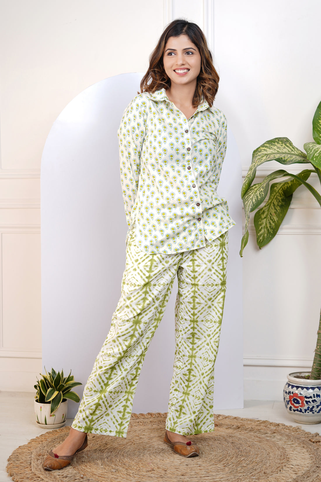 Green Printed Shirt With Pants For Mom