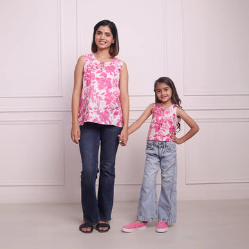 White and Fuchsia Floral Printed Top Mom and Daughter Twin Set