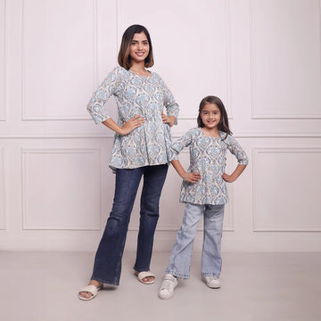 Trendy Twinning: Cotton Tops in White and Blue Block Print