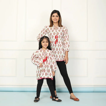 White and Red Block Printed Matching Tunic Mother and Daughter Twin Set