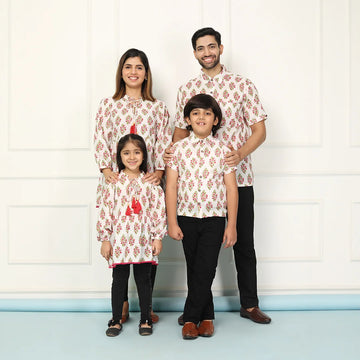 White and Red Block Printed Tunic with Matching Shirt Family Twin Set