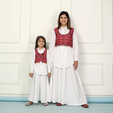 Sparkling White Ghaghara Set: Mom and Daughter Matching Outfit with Printed Jacket