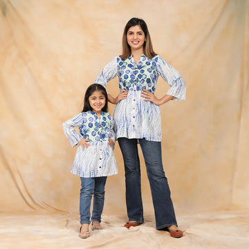 White and Blue Block printed Top with Matching Shirt Mother and Daughter Twin Set