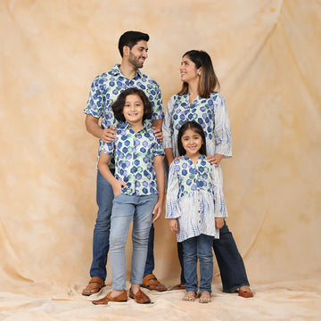 White & Blue Block Printed Family Matching Tops and Shirts Set - Coordinated Outfits