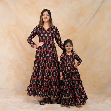 Ikkat Printed Gown Set in Black and Red for Mother and Daughter Twin