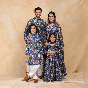 Stylish Navy Floral Crop Top with Lehenga and Kurta Pyjama Family Twin Set