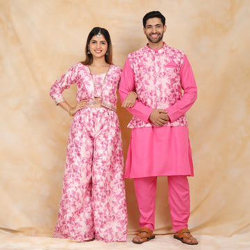 Floral Fuchsia Fiesta: Crop Top and Plazzo Perfection with Matching Kurta Pyjama  Matching Couple Set