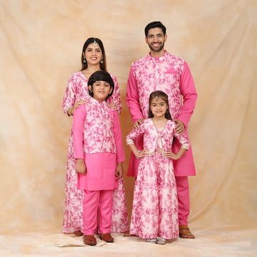 Floral Fuchsia Fiesta: Crop Top and Plazzo Perfection with Matching Kurta Pyjama Family Matching Set