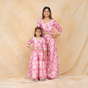 Floral Fuchsia Fiesta: Coordinated Crop Top and Palazzo Set for Stylish Mom and Daughter