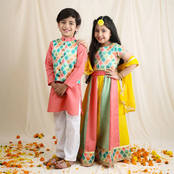 Multi Color Lehenga Choli And Kurta Pyjama For Brother & Sister Twin Set