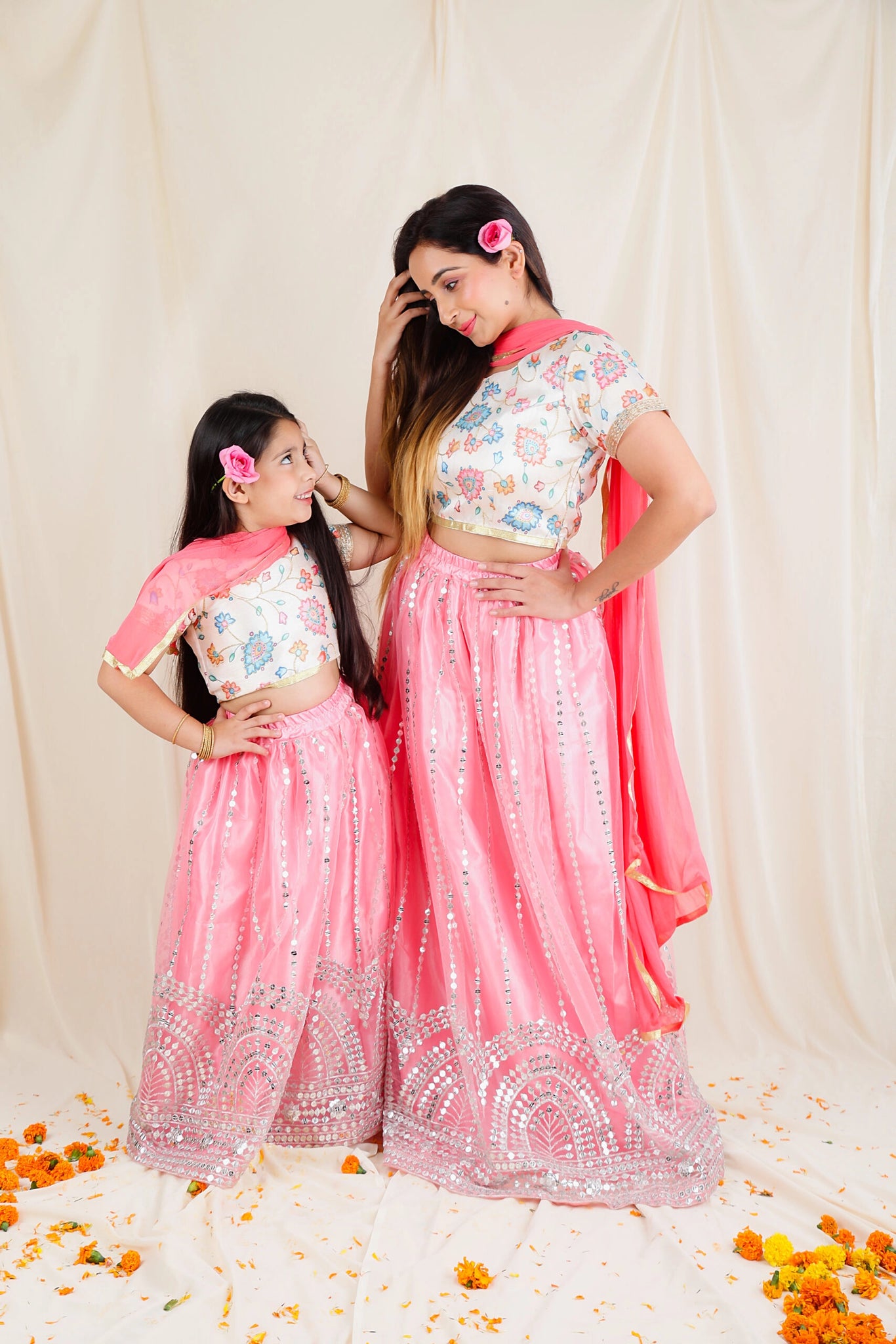 White Floral Choli and Rouge Lehenga ( Mom and Daughter Twin Set )