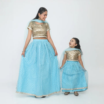 Sparkling Sequins Top and Blue Net Lehenga Mom and Daughter Matching Set