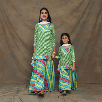 Vibrant Green And Multicolored Leheriya Mom and Daughter Twin Set