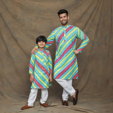 Vibrant Green And Multicolored Leheriya Father and Son Twin Set