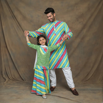 Vibrant Green And Multicolored Leheriya Father and Daughter Twin Set