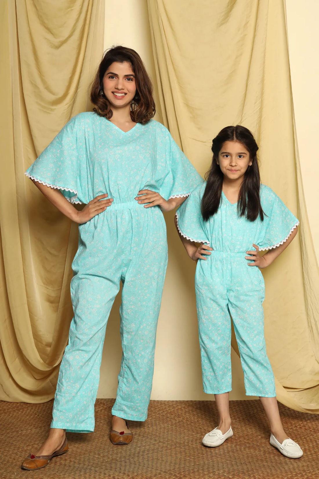 Mom and Daughter Matching Sky Blue Printed Jumpsuit