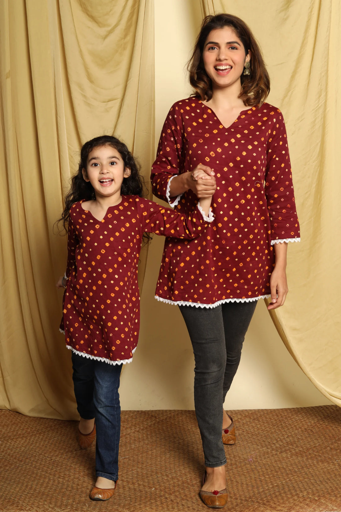 Maroon Printed Mom and Daughter Top