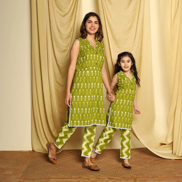 Mom & Daughter Matching Green Printed Suit Set