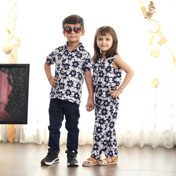 Navy Blue and White Printed Jumpsuit with Shirt Brother & Sister Twin Set