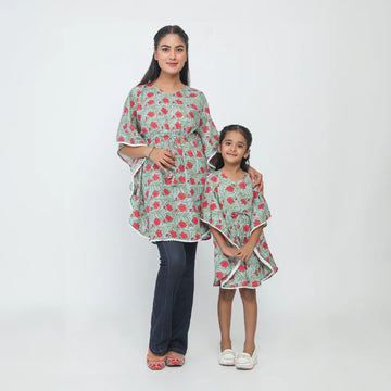 Mom and Daughter Green And Red Printed Matching Kaftan