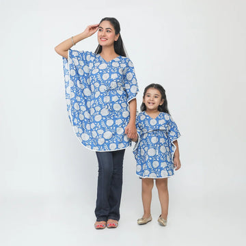 Mom and Daughter Blue And White Printed Matching Kaftan