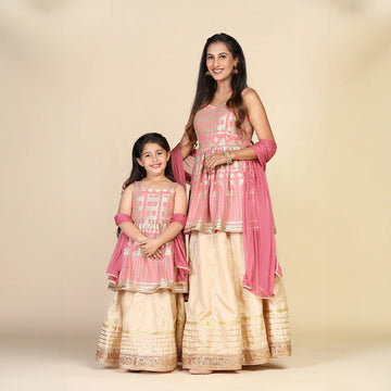 Rouge Kurta with Golden lehenga For Mom & Daughter Twin Set