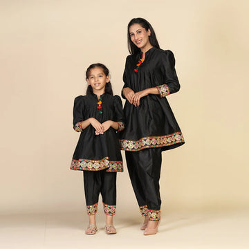 Black Multicolored Suit Set For Mom & Daughter Twin Set