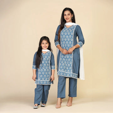Light Blue Suit with White Dupatta For Mom & Daughter