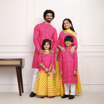 Fuchsia Jaipuri Kurta and Yellow Bandhani Lehenga With Matching Kurta Payjama Family Set