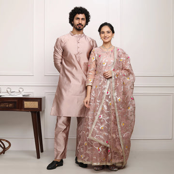 Ethnic Beige Gota Patti Gown & Matching Kurta Pyjama Couple Set