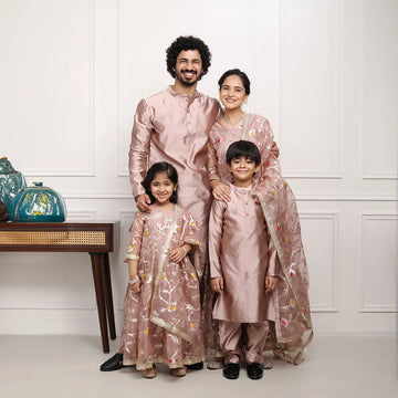Ethnic Beige Gota Patti Gown with Matching Kurta Pyjama Family Set