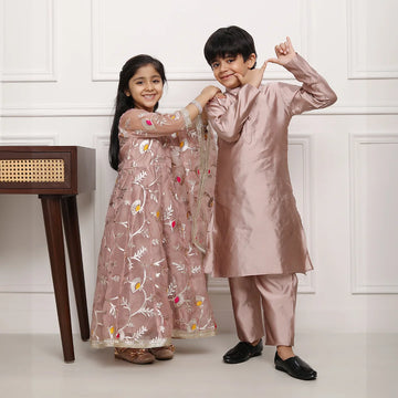 Siblings' Ethnic Wear: Beige Gota Patti Gown  & Matching Kurta Pyjama