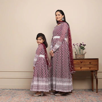 Mulberry and White Embroidered Sequins Gown with Matching Net Dupatta - Mom and Daughter Twin Set