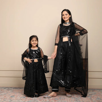 Sparkling Shining Black Sequin Aline Gown Set for Mom and Daughter