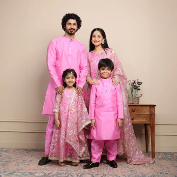 Family Set: Ethnic Rouge & Silver Gota Patti Gown with Matching Kurta Pyjama