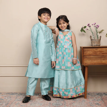 Shining Aqua Blue Lehenga and Peplum Top Twin Set with Matching Kurta Pyjama for Siblings