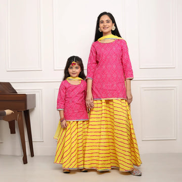 Fuchsia Jaipuri Kurta & Yellow Leheriya Lehenga Matching Mom and Daughter Twin Set