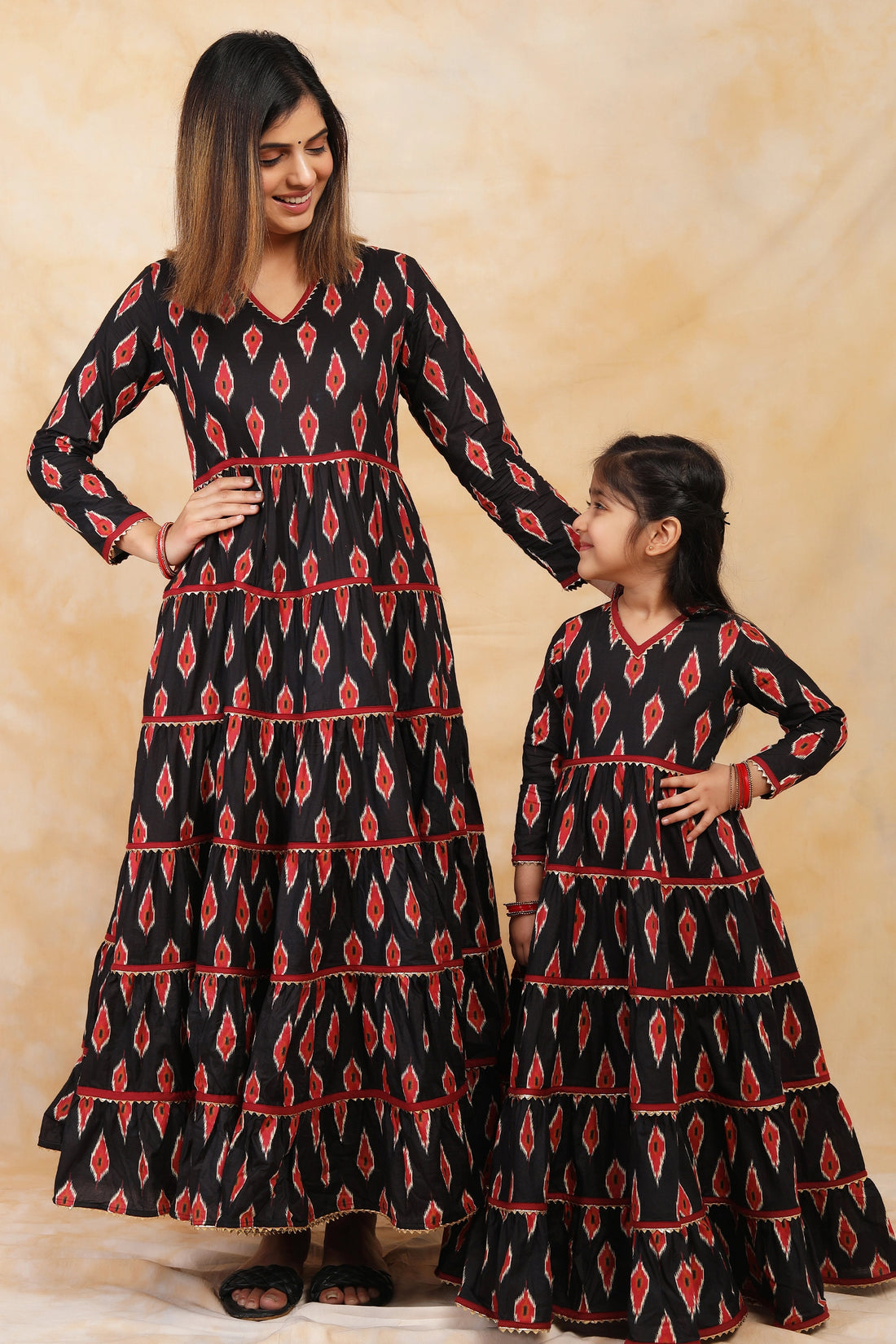 Ikkat Printed Gown Set in Black and Red for Mother and Daughter Twin