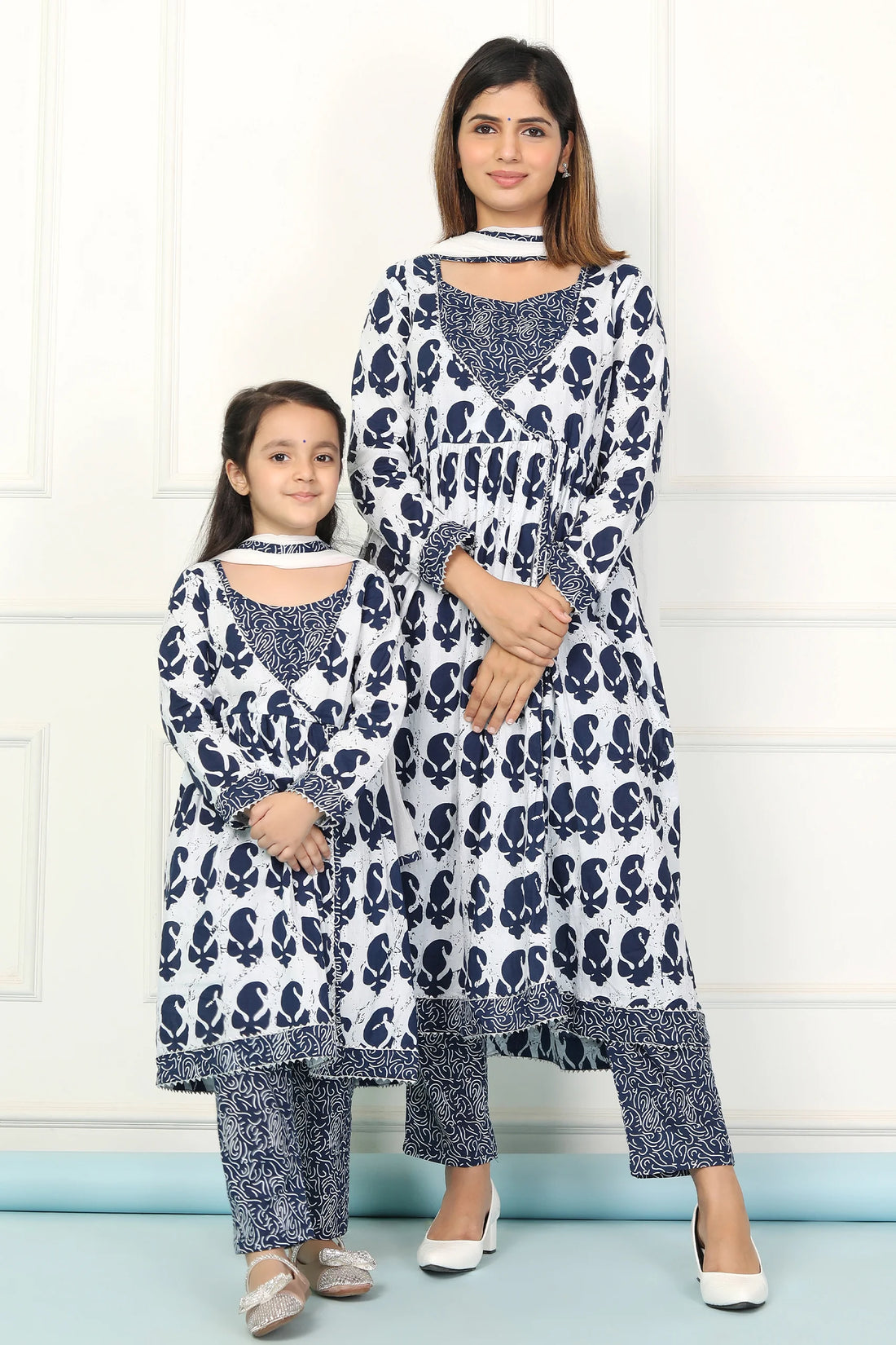 Stylish Indigo White and Navy Printed Matching Set for Mother and Daughter