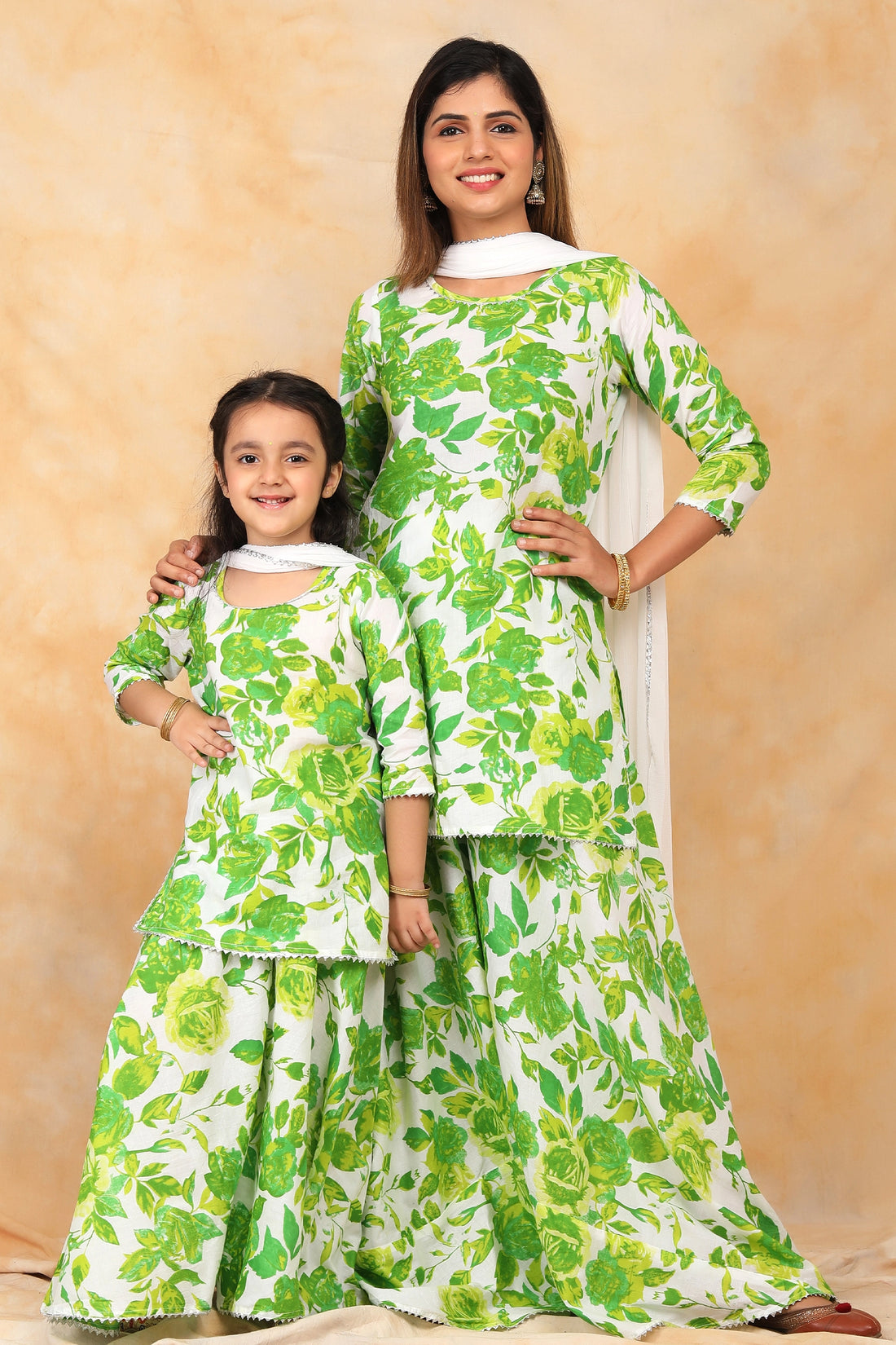 Coordinated Mother and Daughter Green & White Floral Suit Set for Twinning